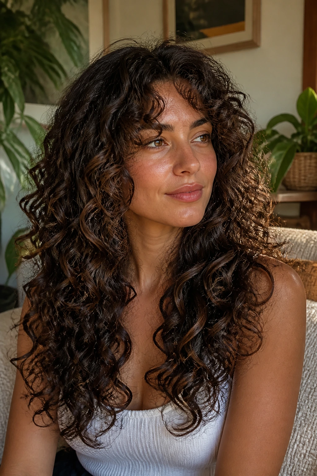 Close-up of a real person with curly blended layers that respect the curl pattern