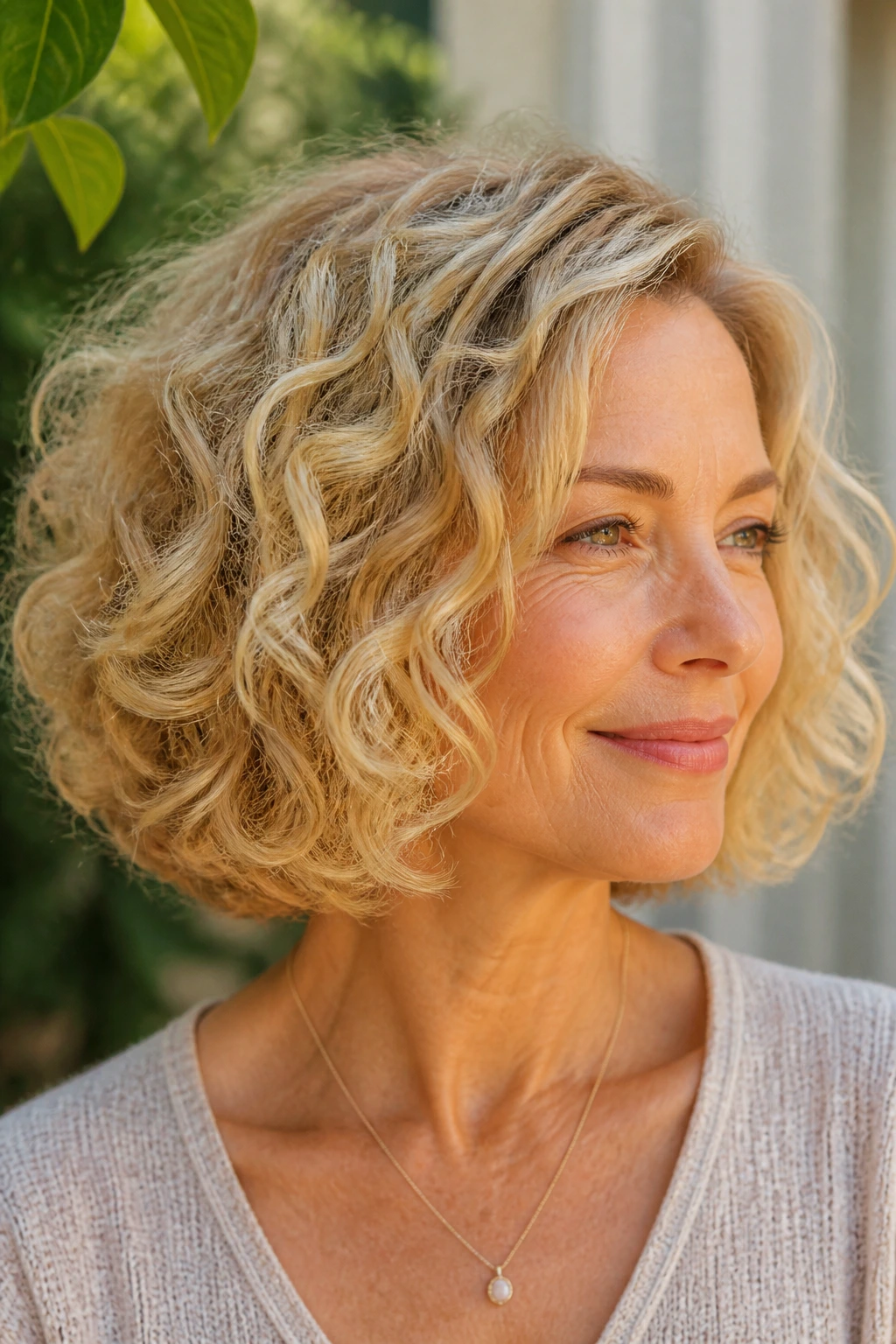 Real woman with curly blonde bob and internal layers, curls defined in warm blonde.