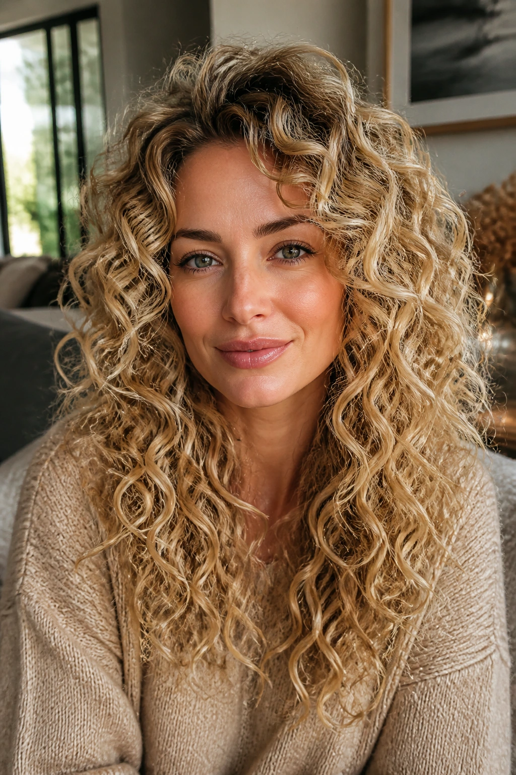 Close-up of real woman with curly-friendly blonde layers and honey beige dimension