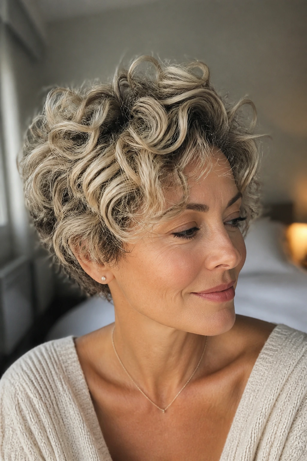 Close-up portrait of a real woman with short curly blonde hair showing crown lift and lowlights