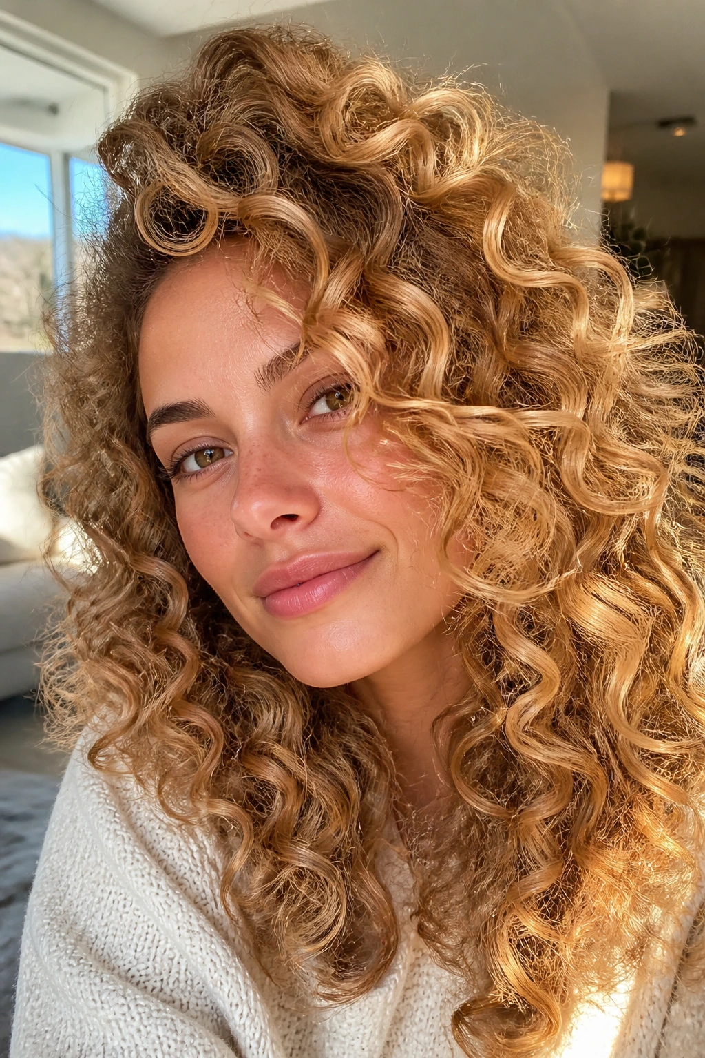 Portrait of a real woman with warm blonde curls showing dimensional tones in a bright home setting.
