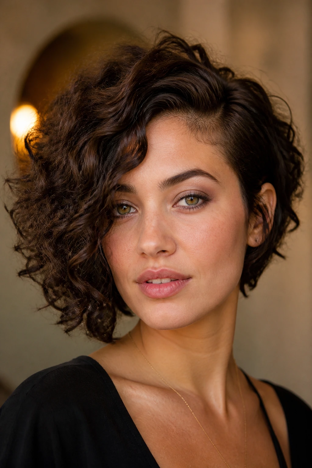 Close-up portrait of a real person with an asymmetrical one-side-longer curly bob
