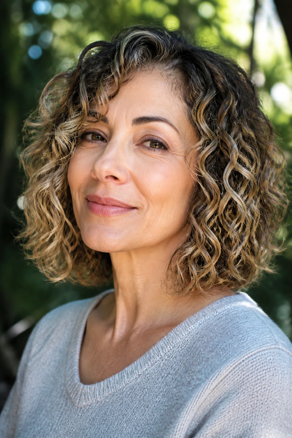 Real woman with curly shoulder bob and warm sand babylights in natural light