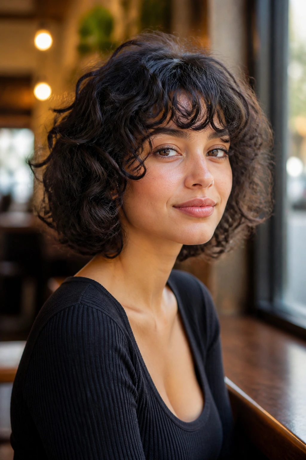 Portrait of a real woman with curly bob hairstyle and curved bangs