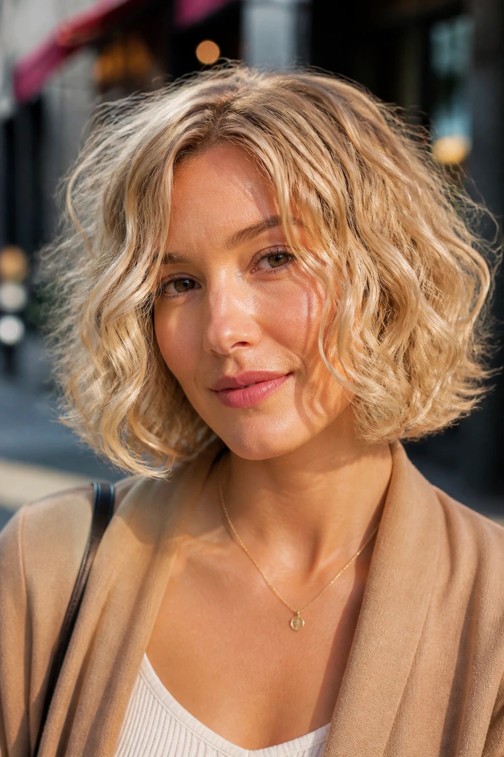 Close-up of a blonde woman with a chin-length curly bob