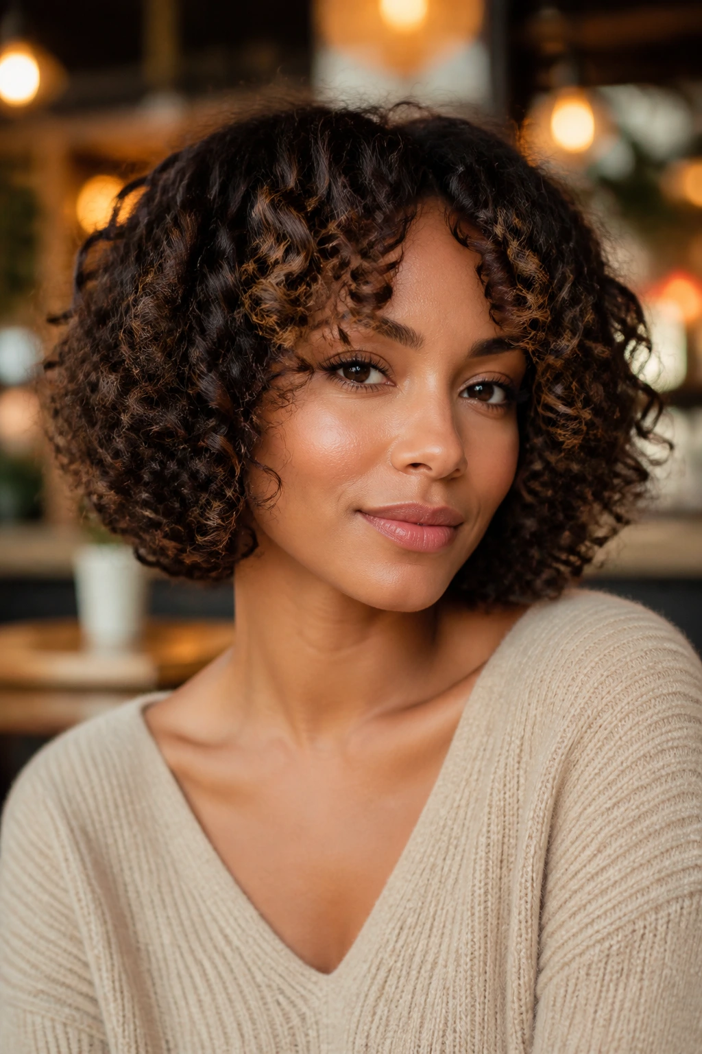 Medium close-up of a real woman with Curly Bob with Blunt Ends and blunt edge