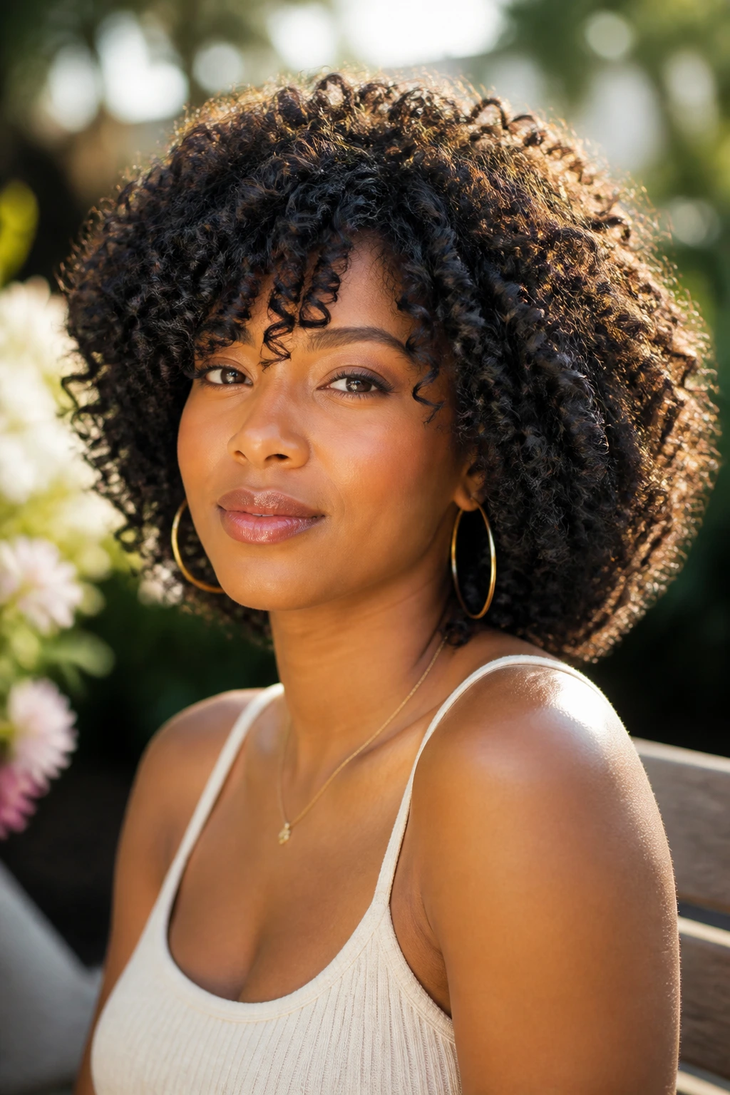 Close-up of curly bob with pronounced bounce in natural light.