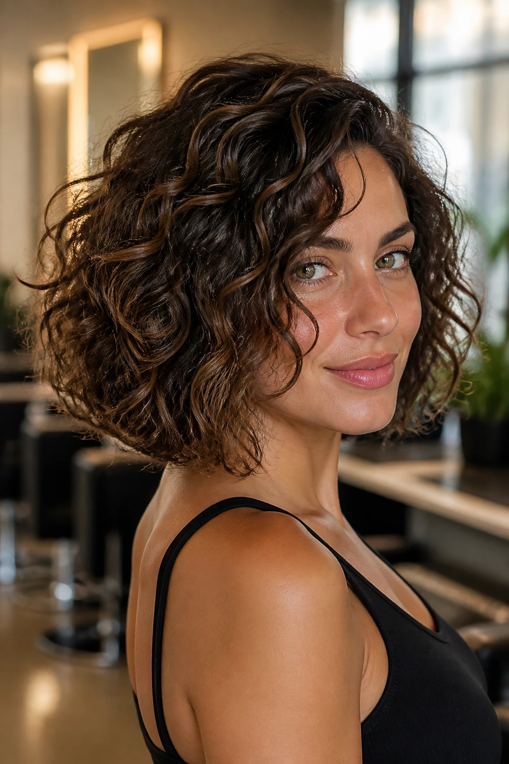 Close-up of brunette woman with curly bob showing defined shape and dimensional color