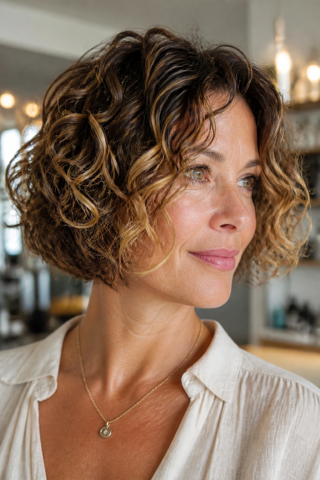 Real woman with chin-length curly bob and caramel highlights in bright salon light