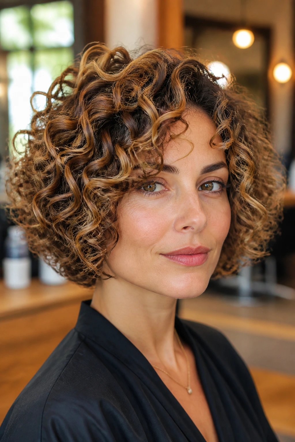 Real woman's curly bob with caramel spirals woven through curls.