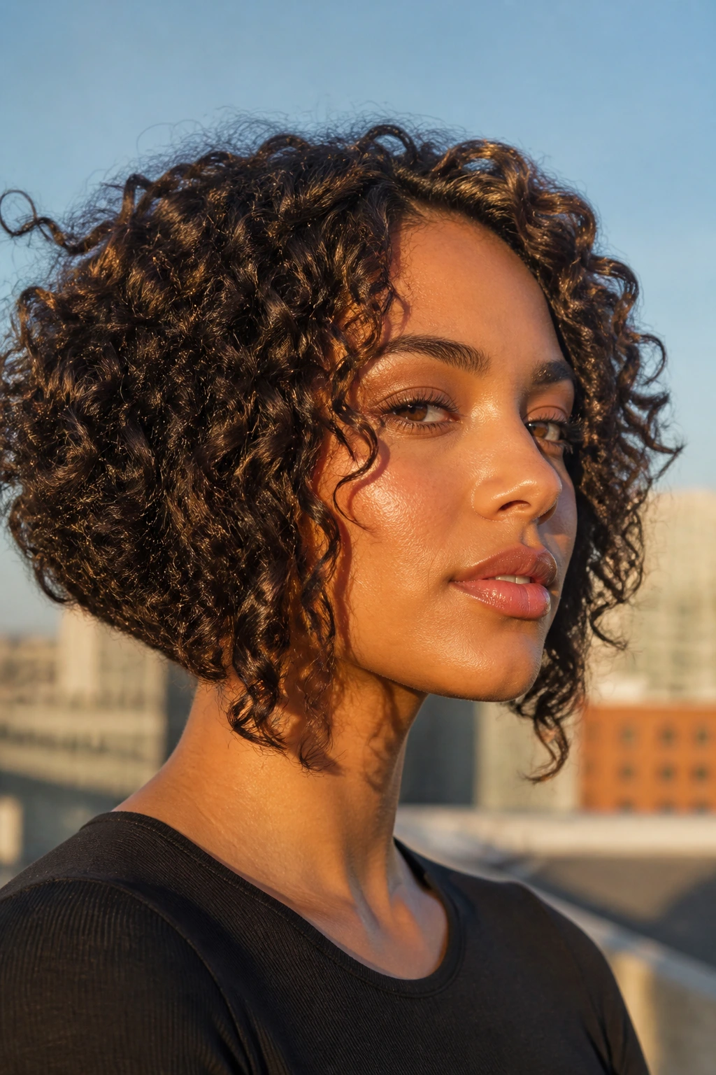 Portrait of a real person with a curved curly bob angling below the jaw