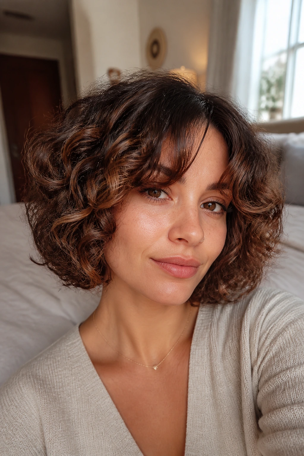 Close-up portrait of a real woman with curtain-bang curly bob and cinnamon lowlights