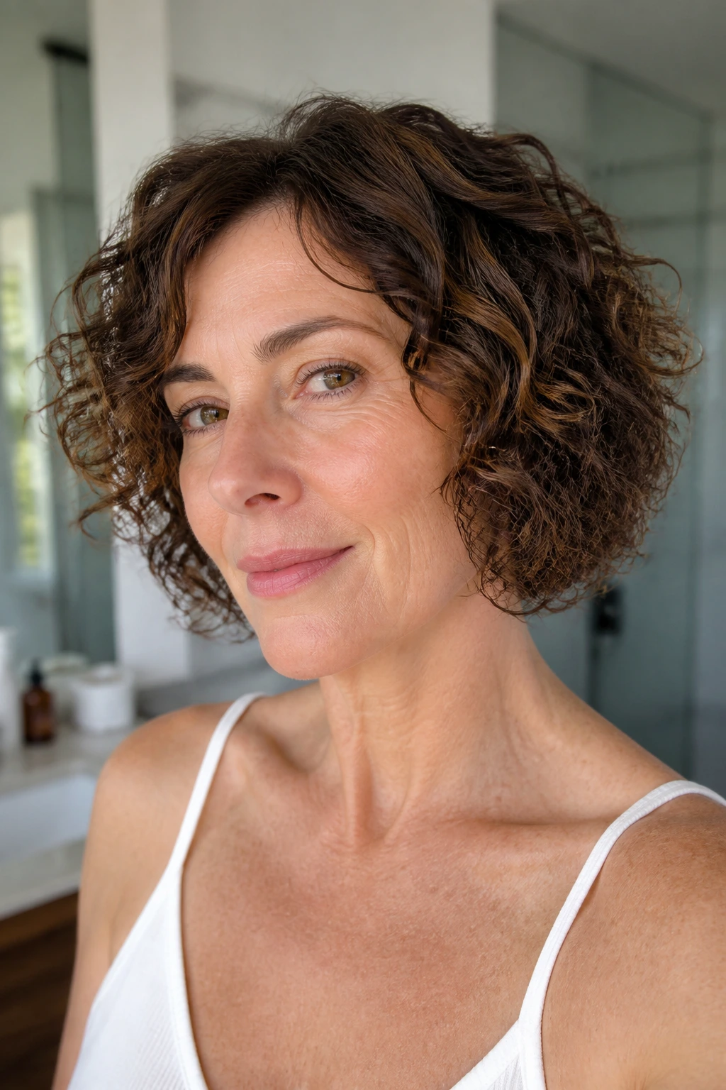 Portrait of a woman with a tidy curly bob and clean perimeter