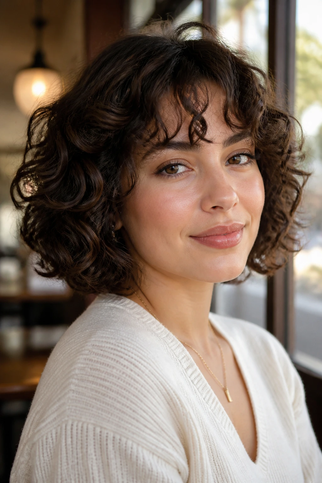 Close-up portrait of a real woman with a curly collarbone-length bob, shaping around the cheeks in warm window light