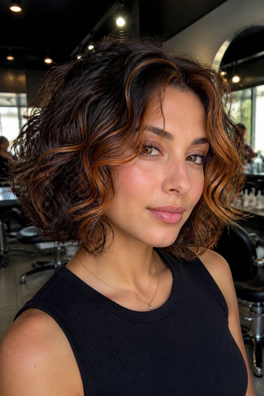 Curly bob with copper caramel money piece variation