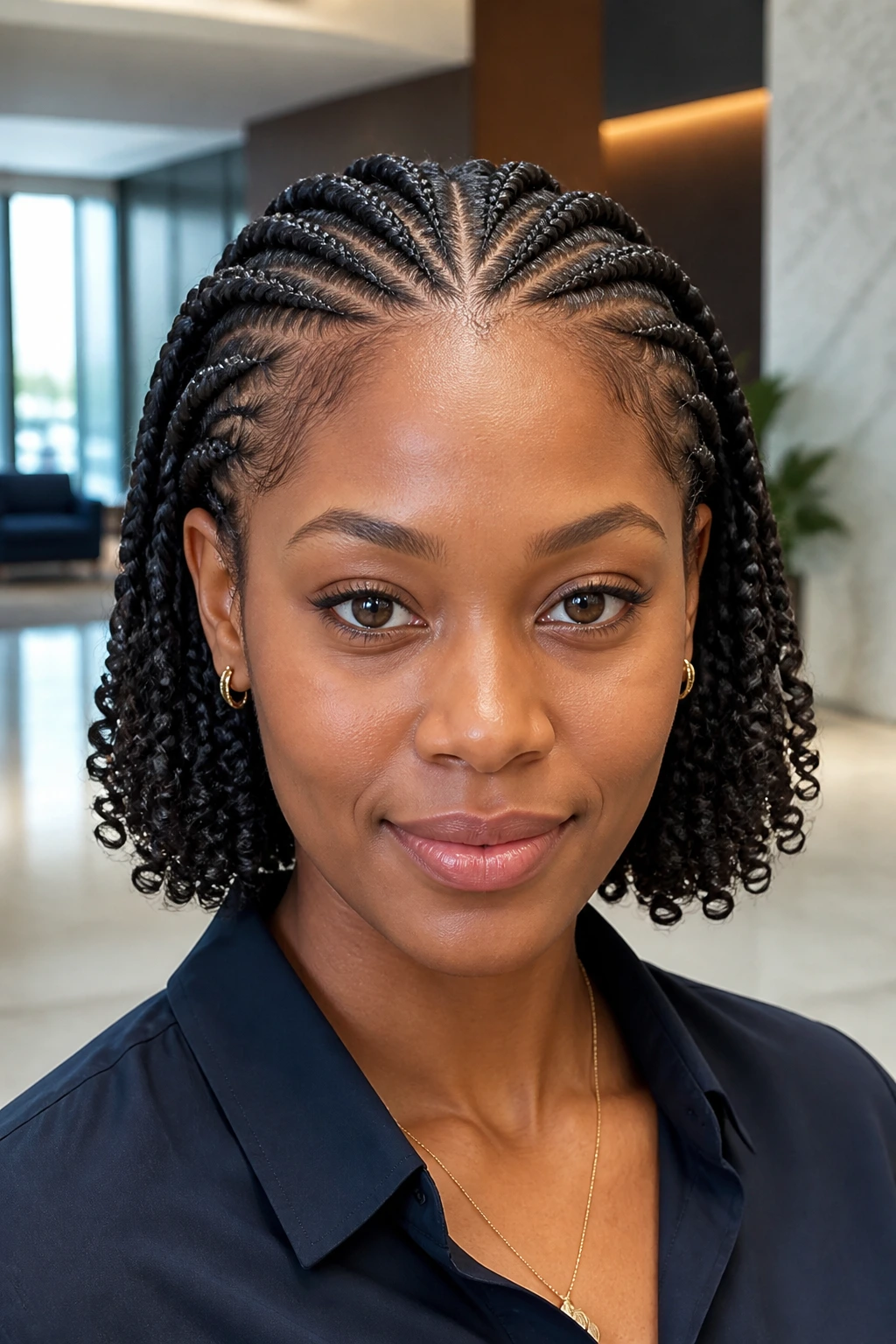 Close-up of a real woman with curly bob-length cornrows in a professional office setting