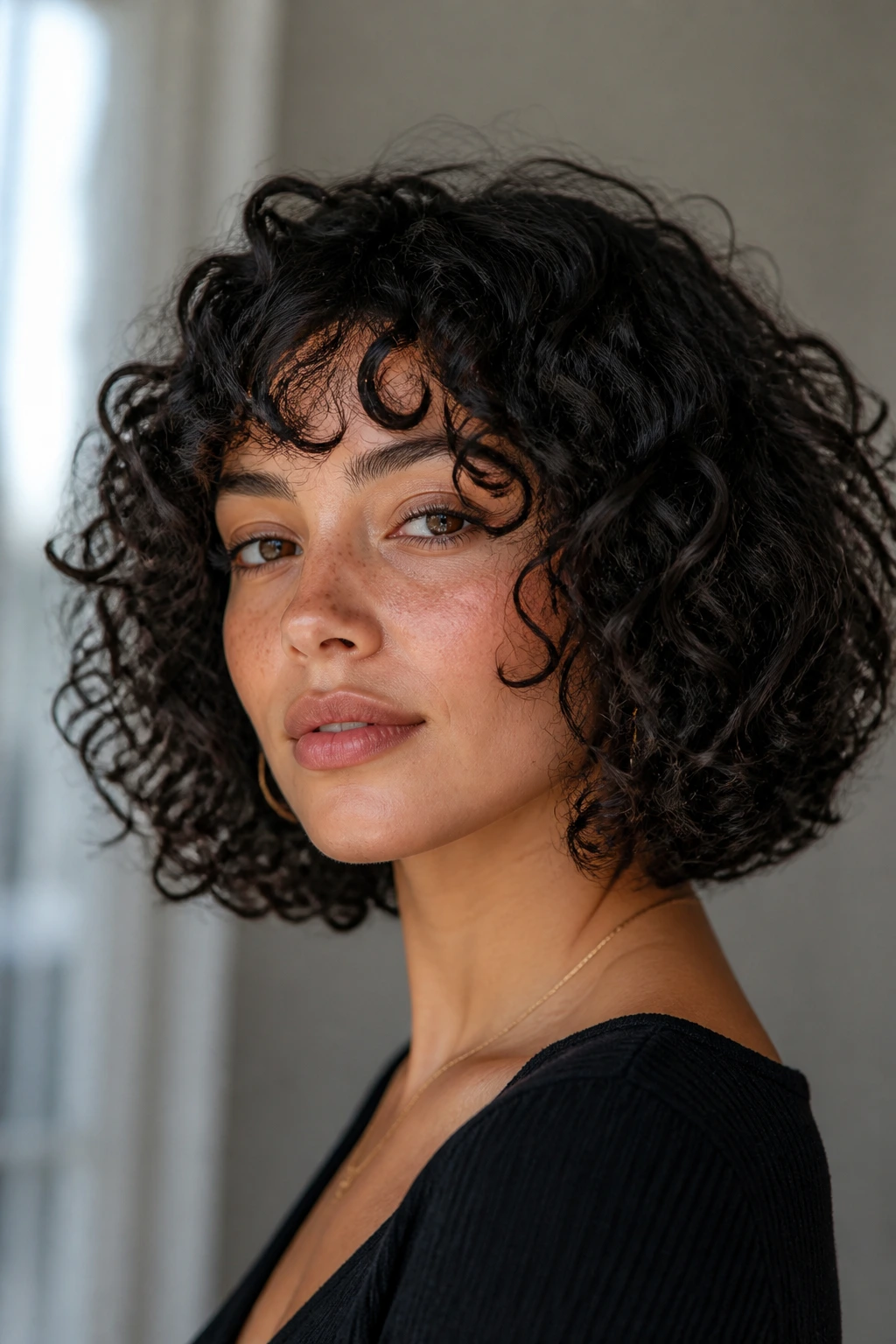 Portrait of a real woman with a collarbone-length curly bob showing distinct curl pattern.