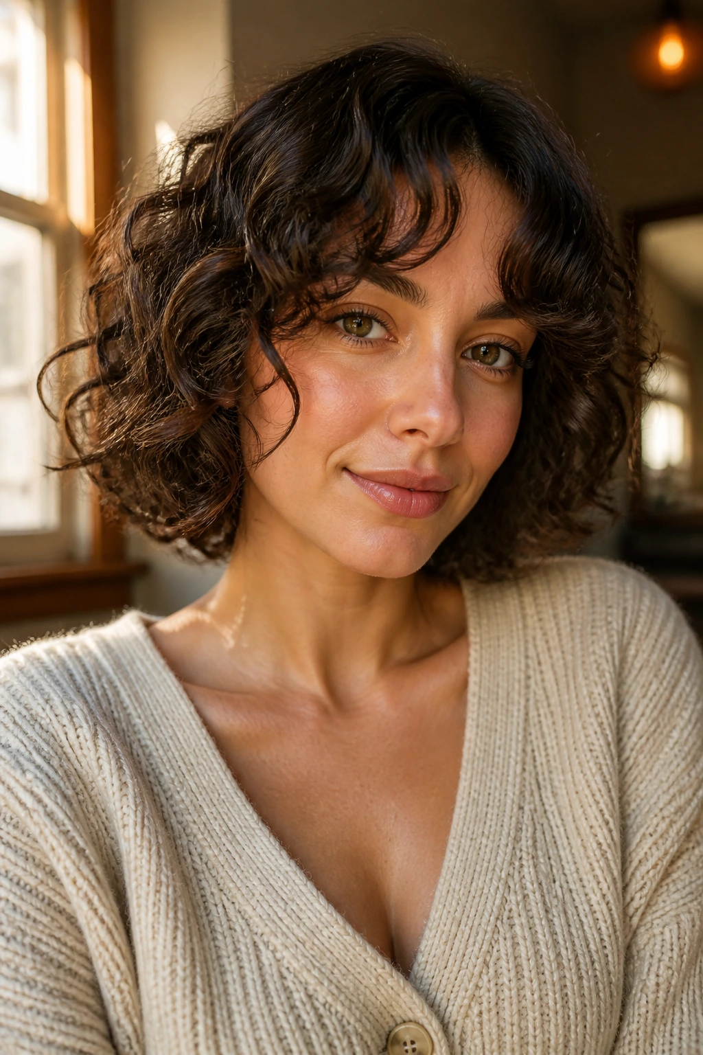 Real woman with curtain bangs curly bob framing the face