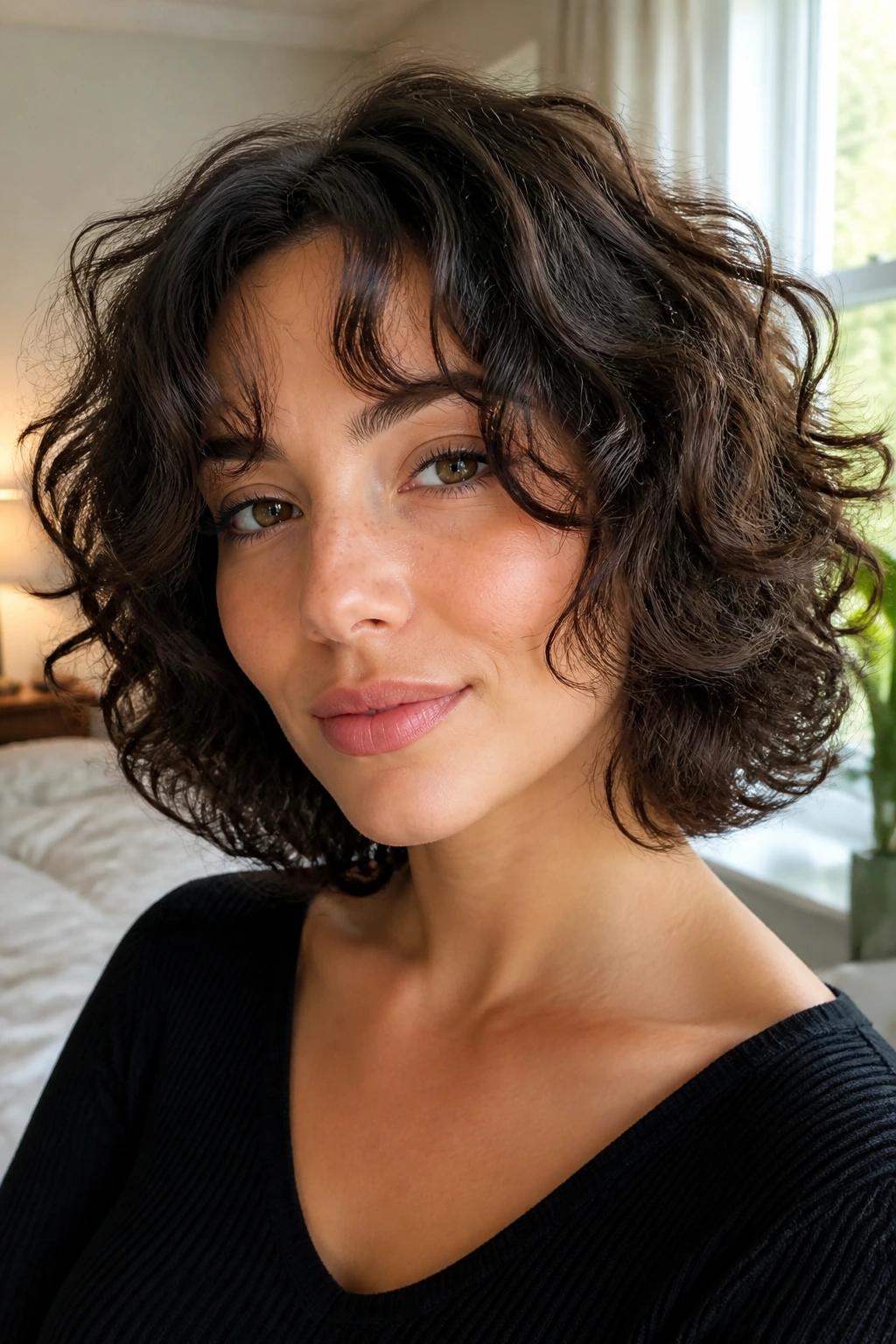 Close-up portrait of a real woman with a curly bob and curtain bangs framing the cheeks