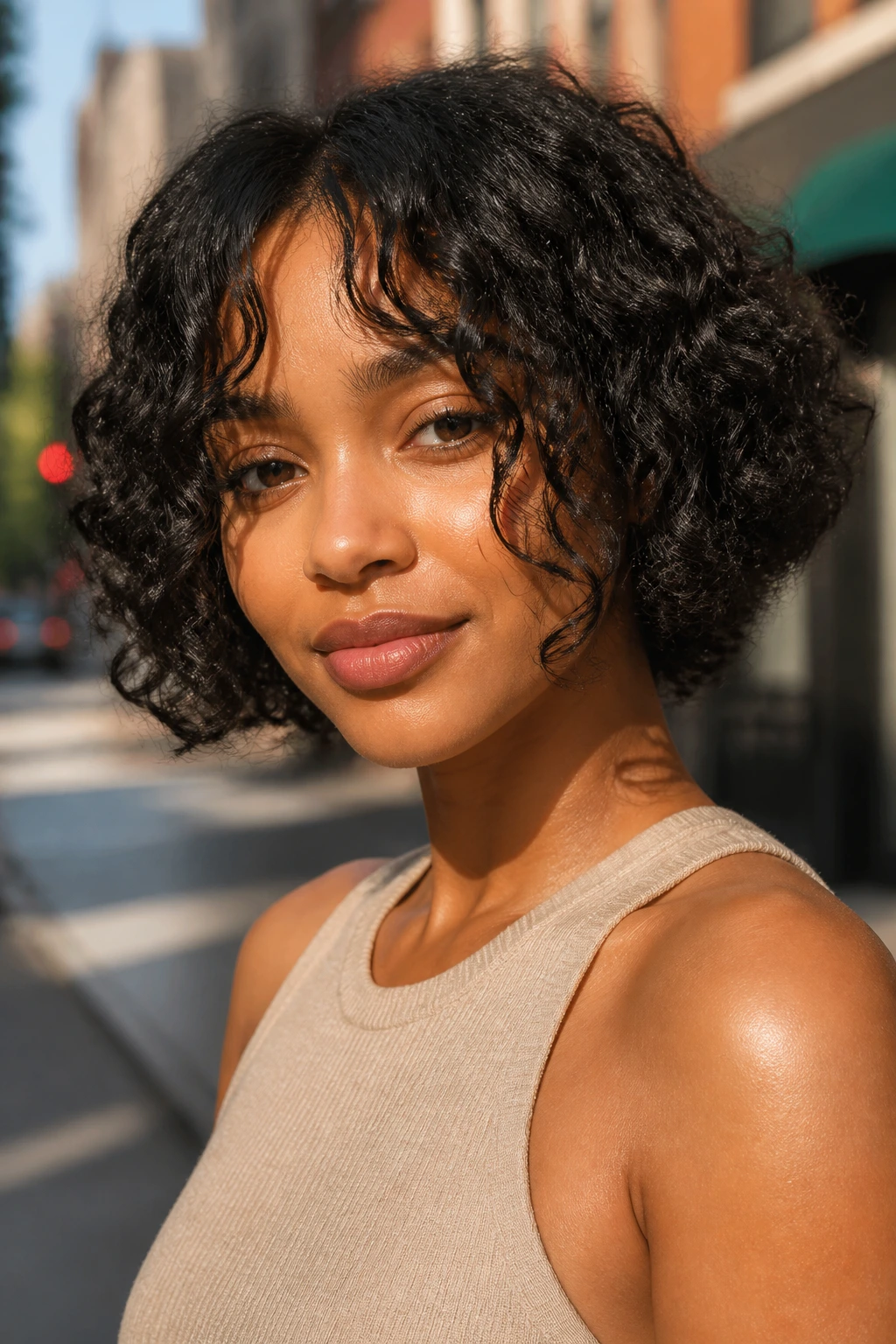Real woman with curly bob and curtain bangs skim cheekbones