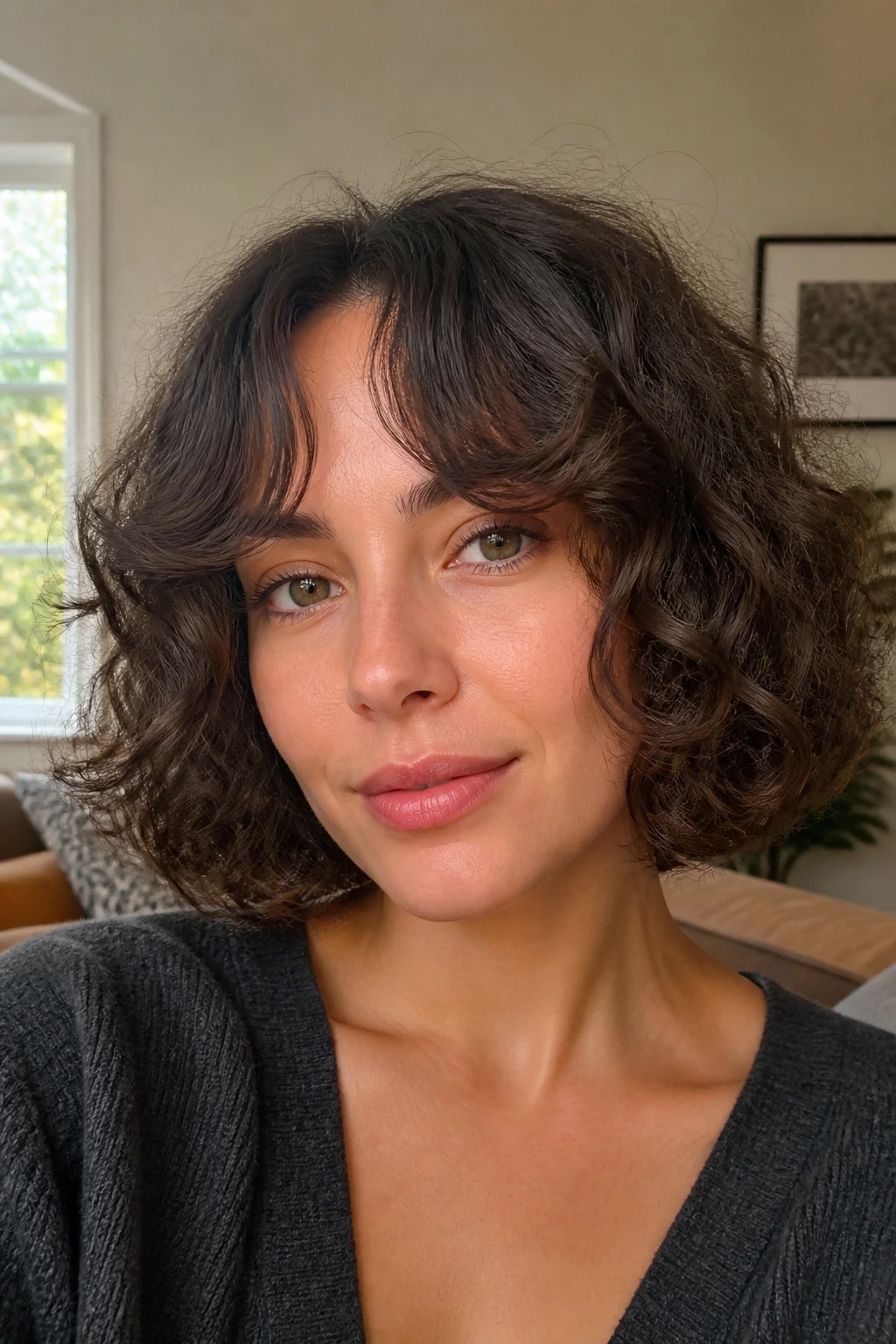 Close-up of a real woman wearing a curly bob with curtain bangs.