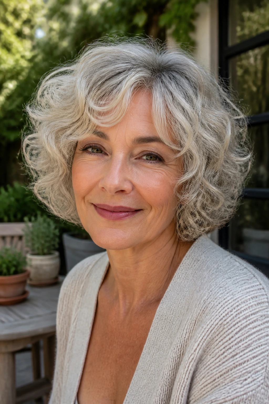 Close-up of a woman with a curly bob and open curtain bangs
