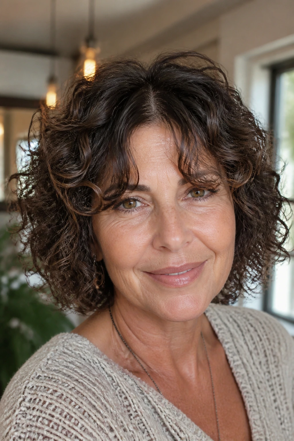 Real woman with curly bob and curtain bangs softly framing the eyes