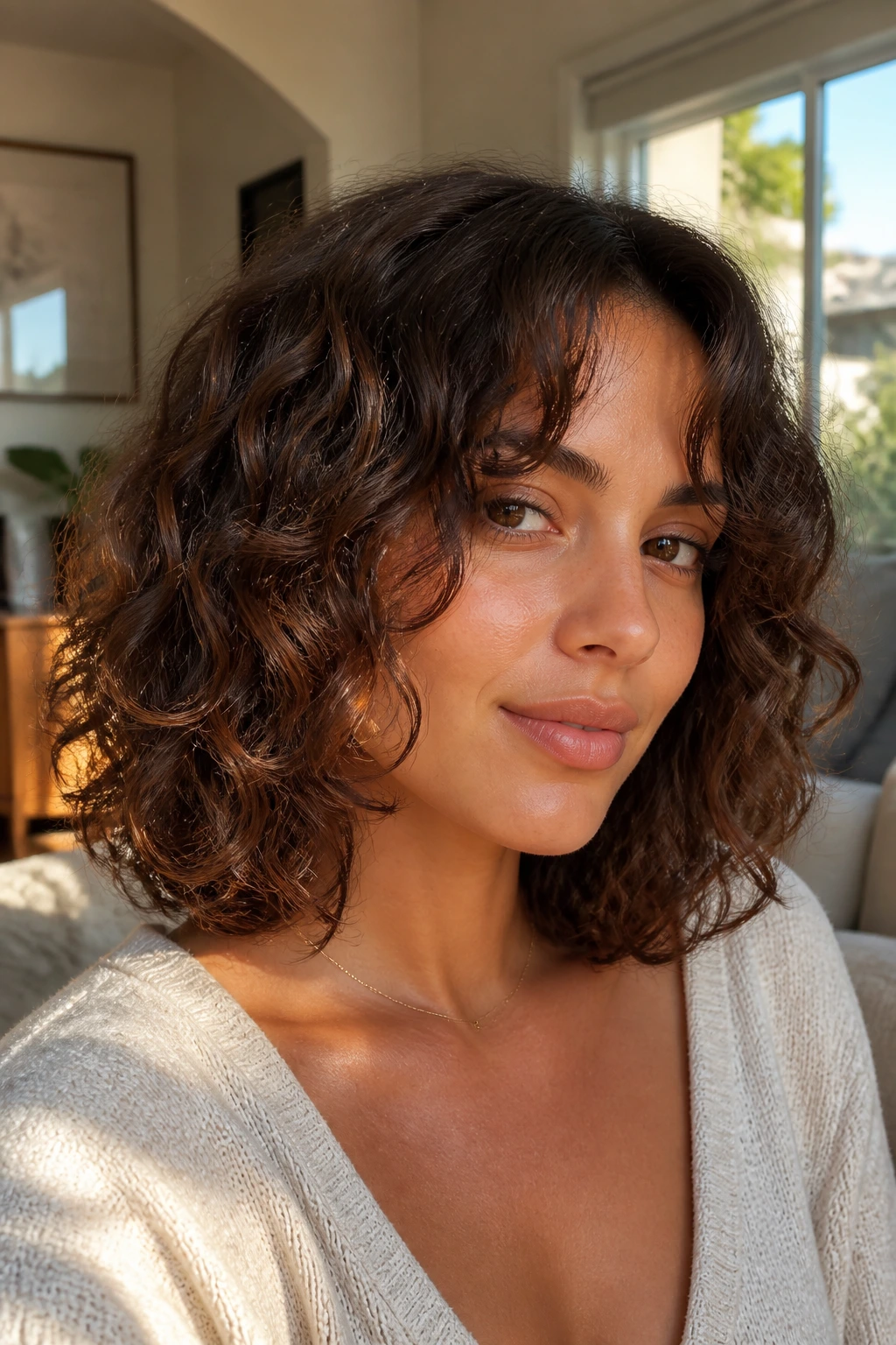 Close-up of a real woman with long curly bob and curtain bangs in natural window light.