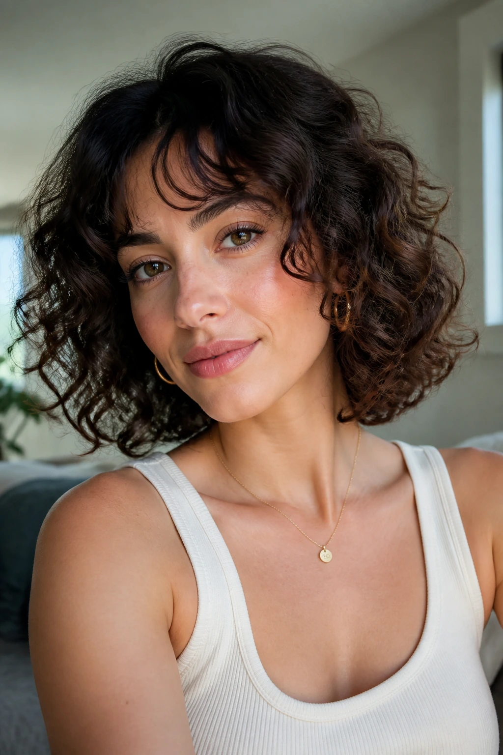 Close-up portrait of a real woman with curly bob and curtain bangs in natural window light