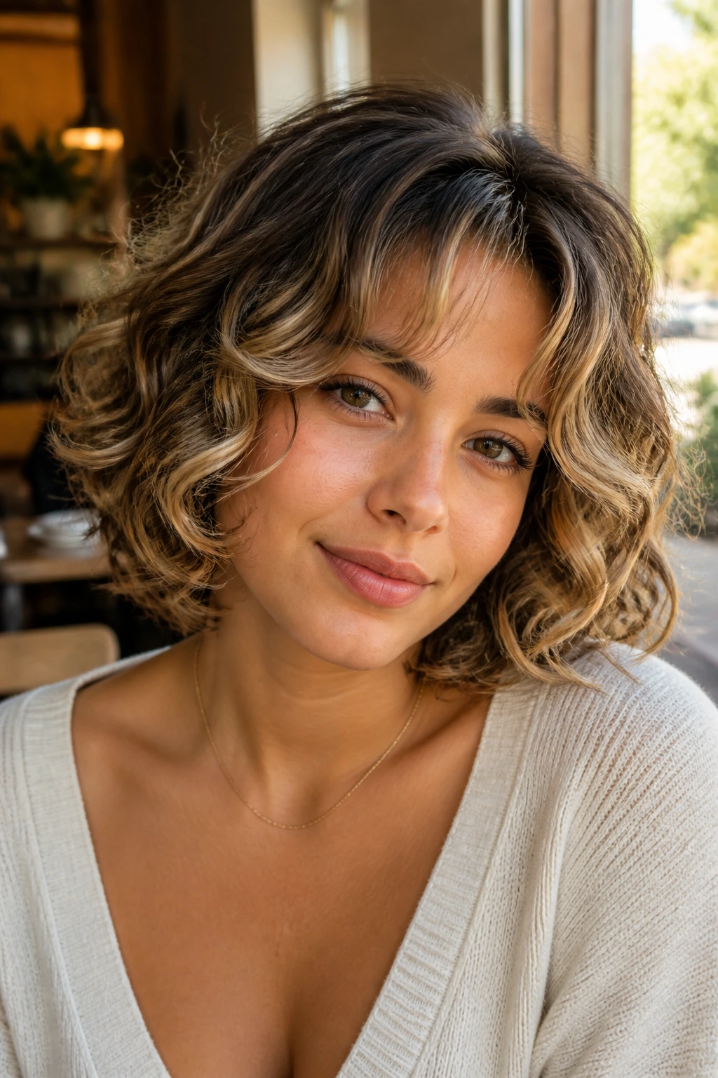 Close-up of a real person with a curly bob and soft curtain bangs