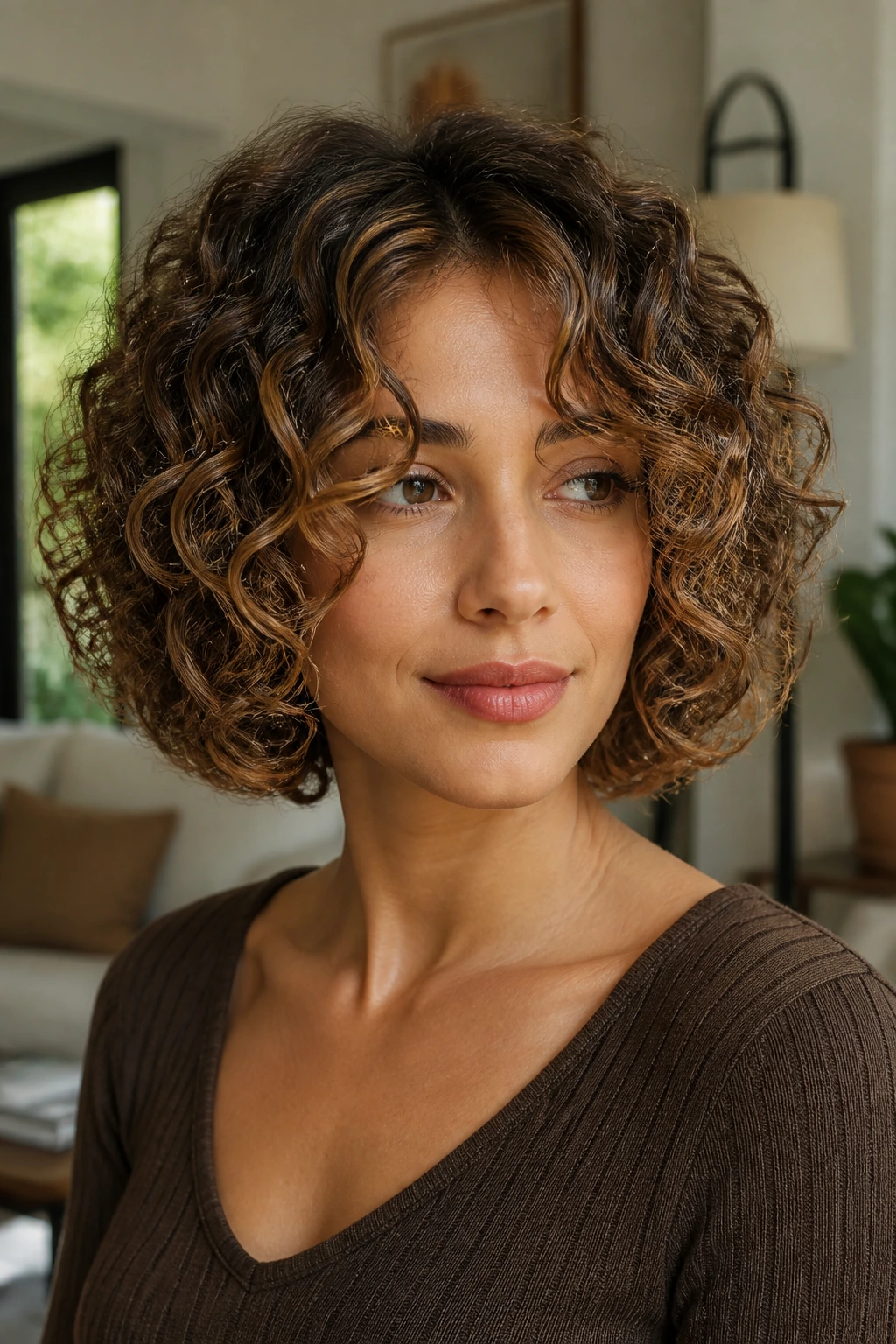 Close-up of a real woman with a curly bob, curtain bangs, and caramel highlights.