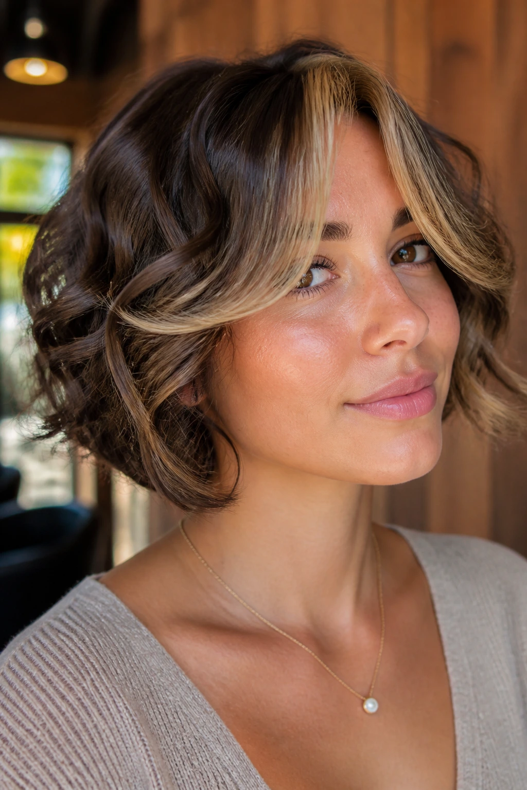Close-up of a real woman with curtain bangs and a bright fringe highlight on curly bob
