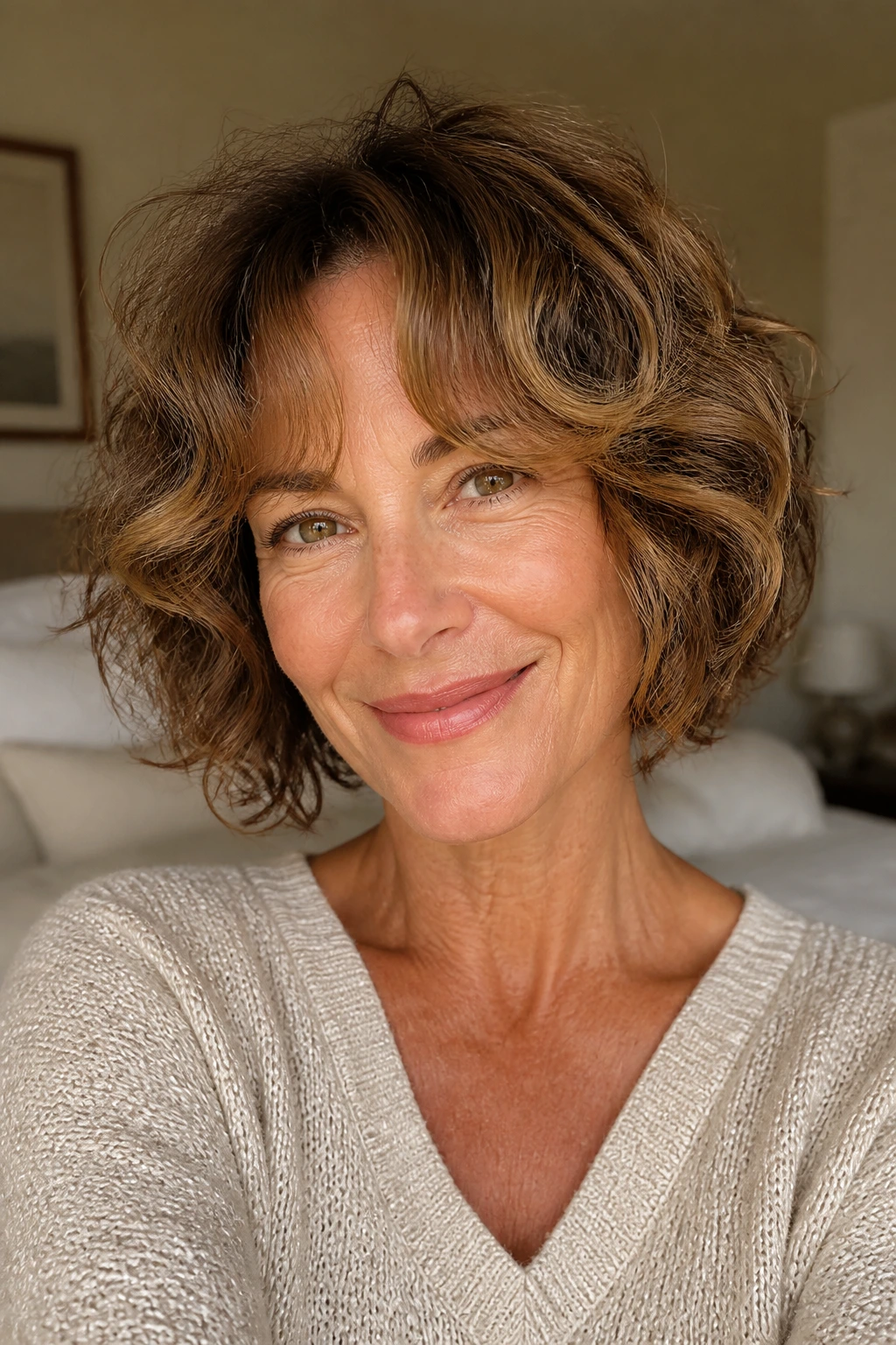 Real woman with curly bob and curtain bangs in soft light