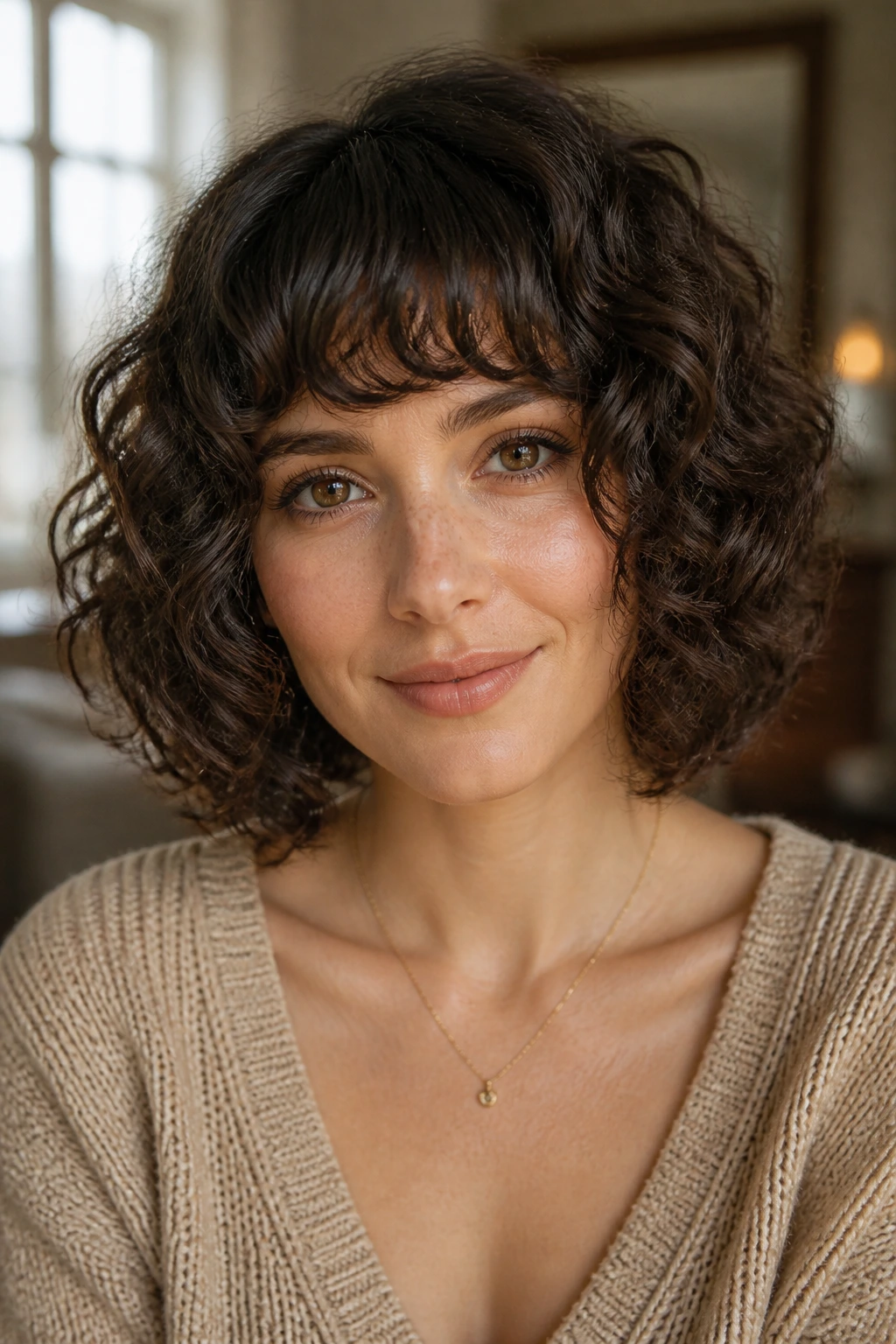 Close-up portrait of a real woman with curly A-line bob and curved bangs