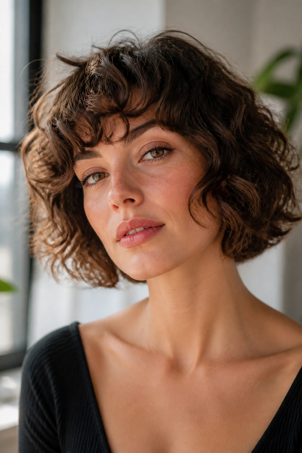 Close-up portrait of a real woman with a curly bob and curved fringe in natural daylight