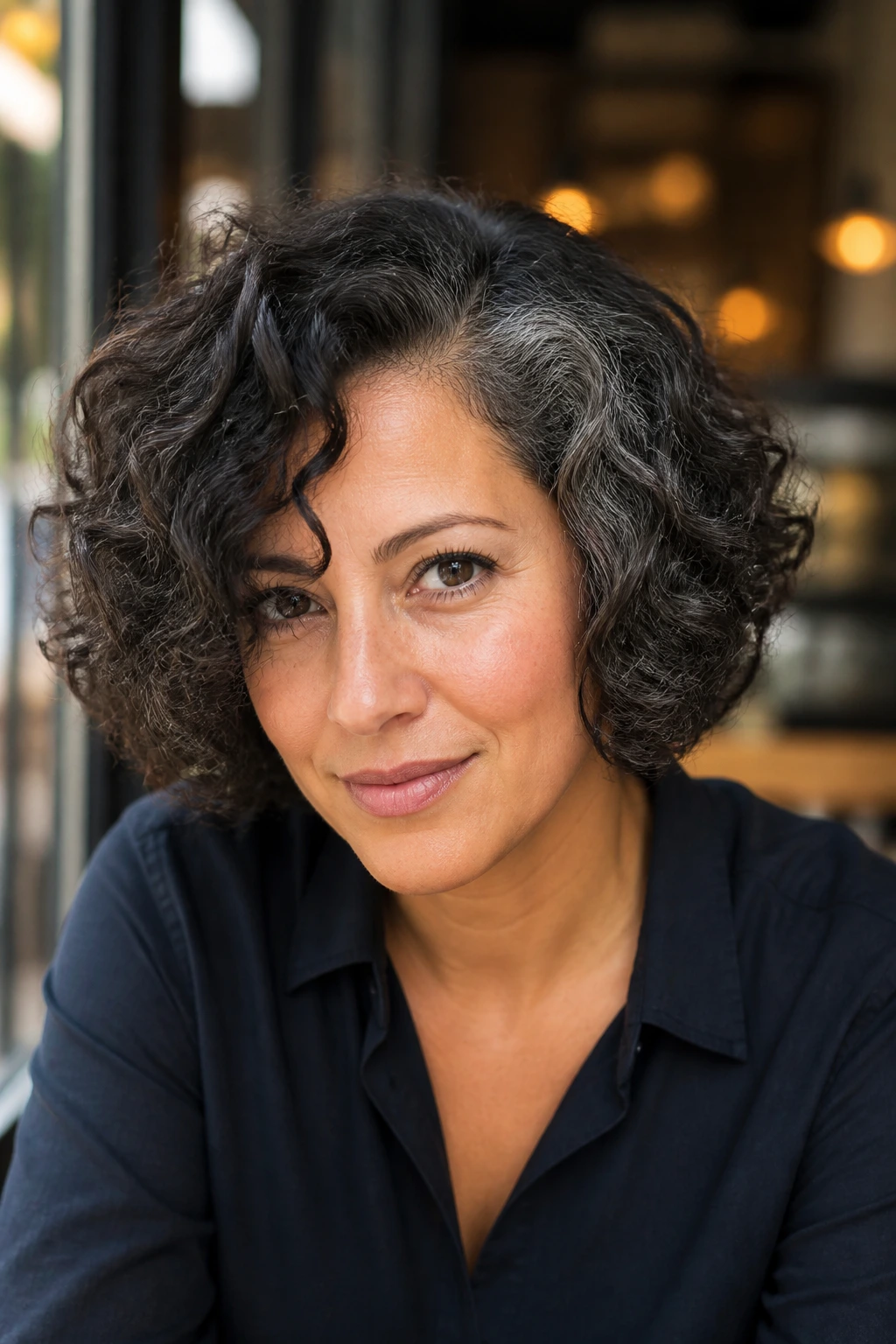 Close-up of real woman with curved side part curly bob