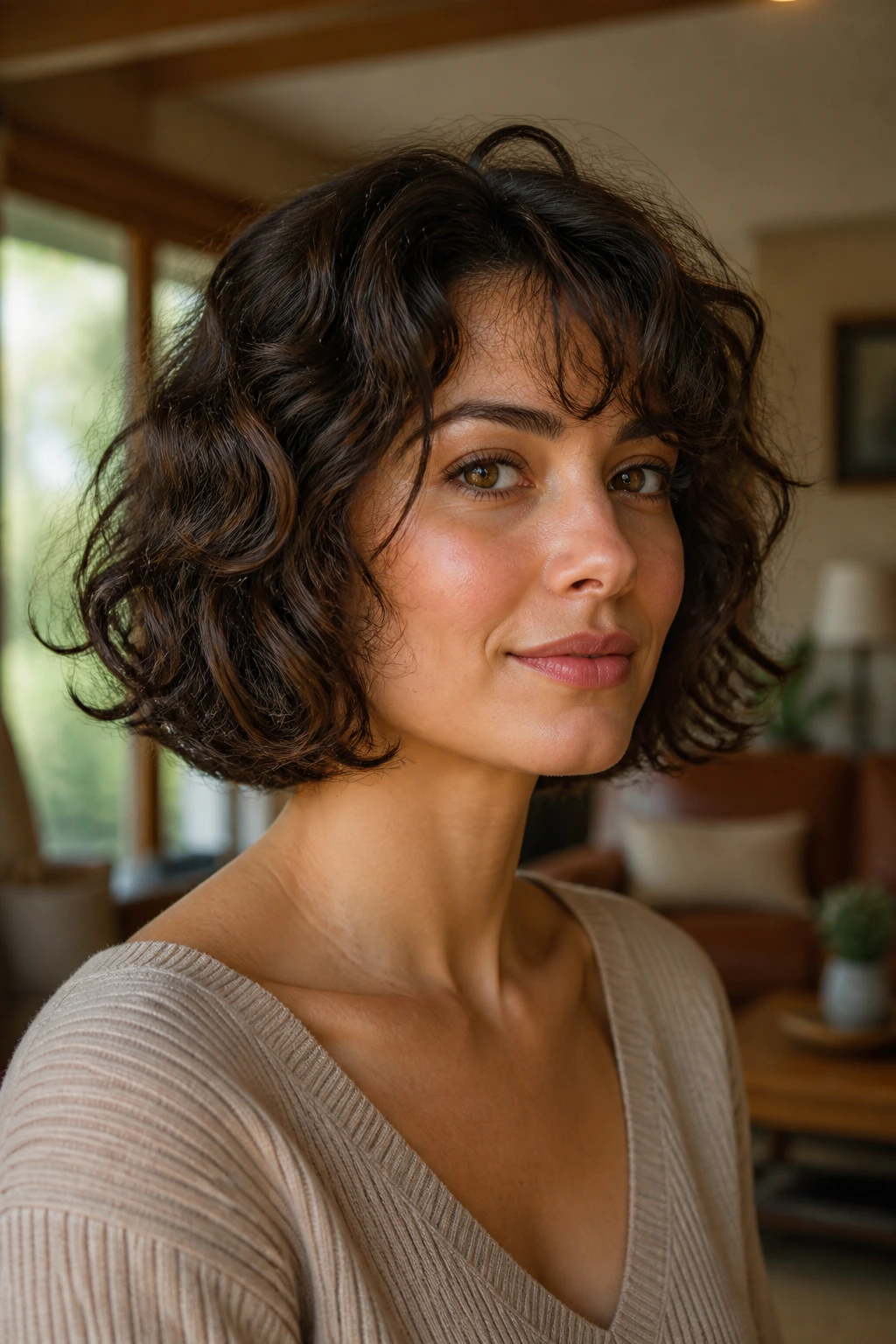 Portrait of a real woman showing a curly bob with curved-under shape.