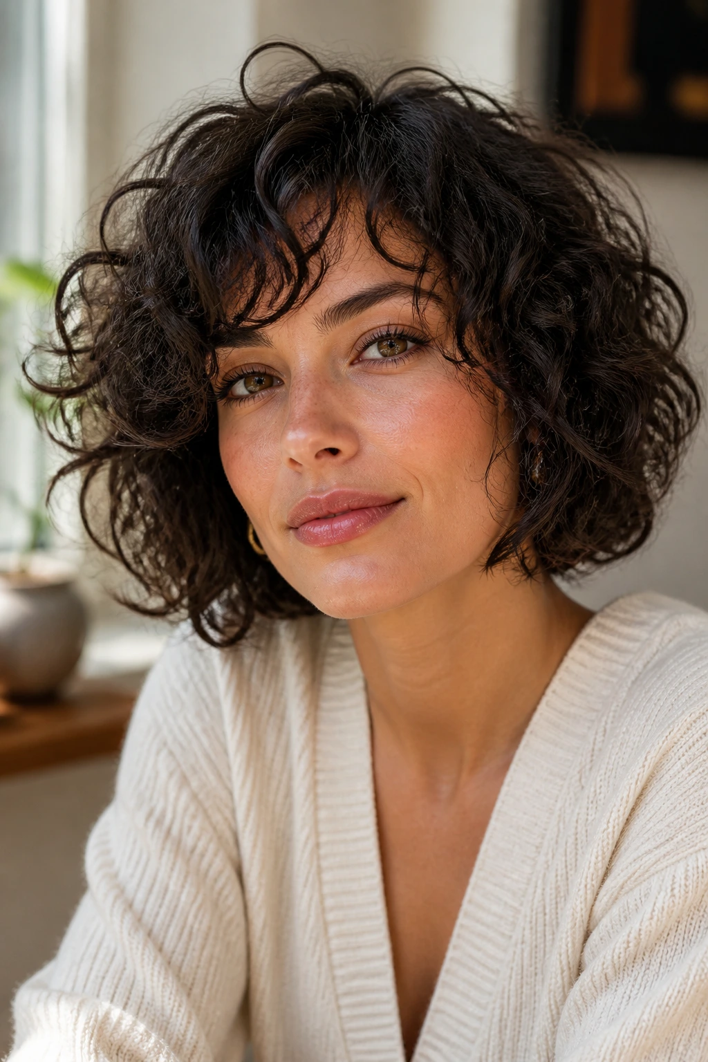 Portrait of a woman with a jaw-length curly bob showing a friendly cut