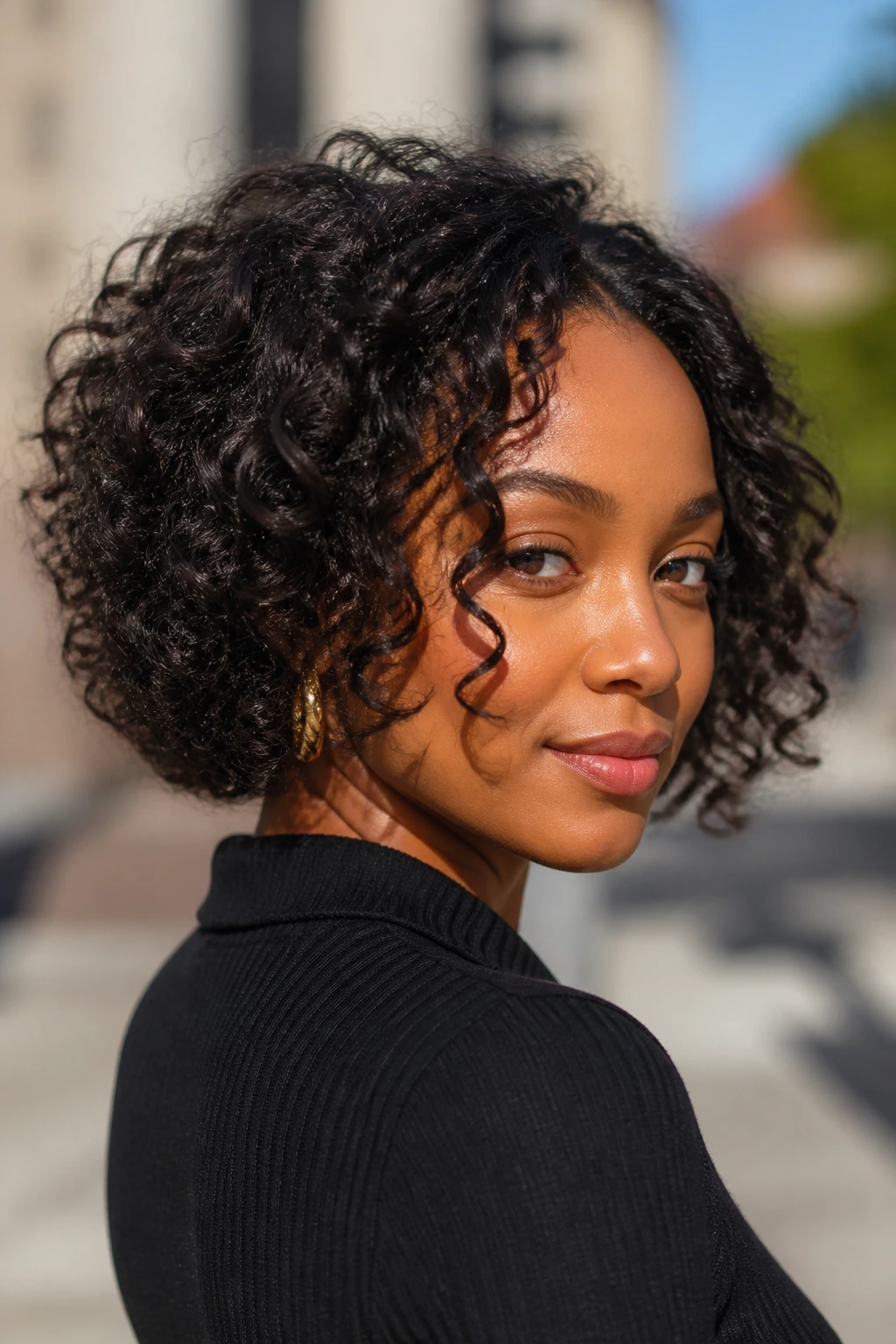 Close-up portrait of a real Black woman with curly bob and face-framing pieces