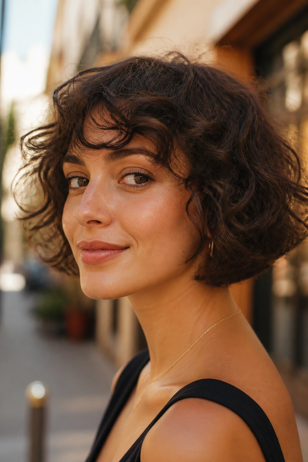 Close-up portrait of a real woman with a curly bob and mini flipped-out ends.