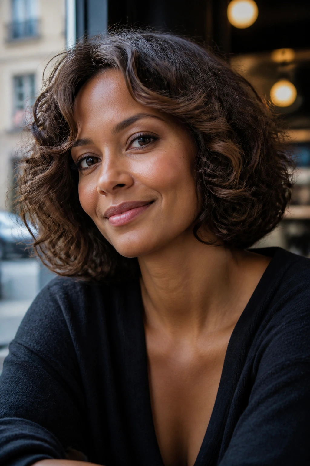 Close-up portrait of a real woman with a curly bob flipped under at the ends.