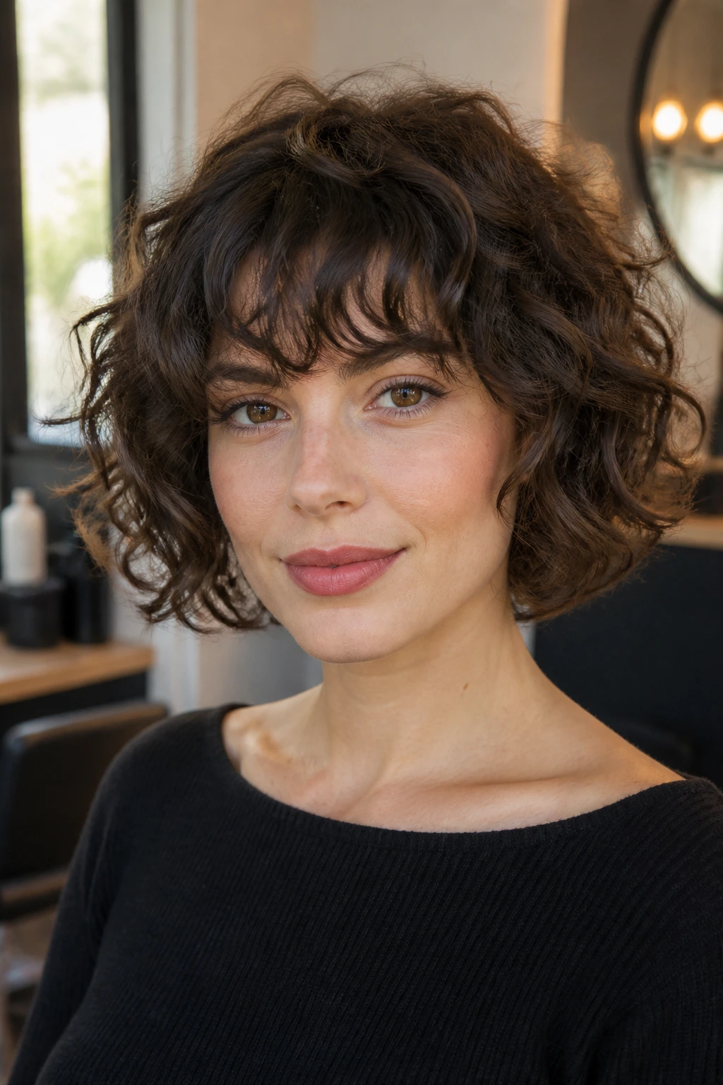 Close-up of a real woman with curly bob and brow-skimming fringe.