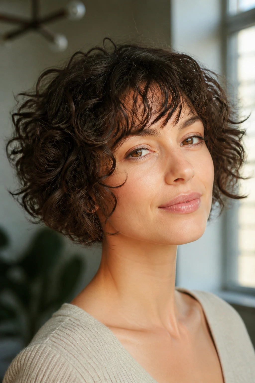 Portrait of a real woman with a curly bob and a light floating fringe