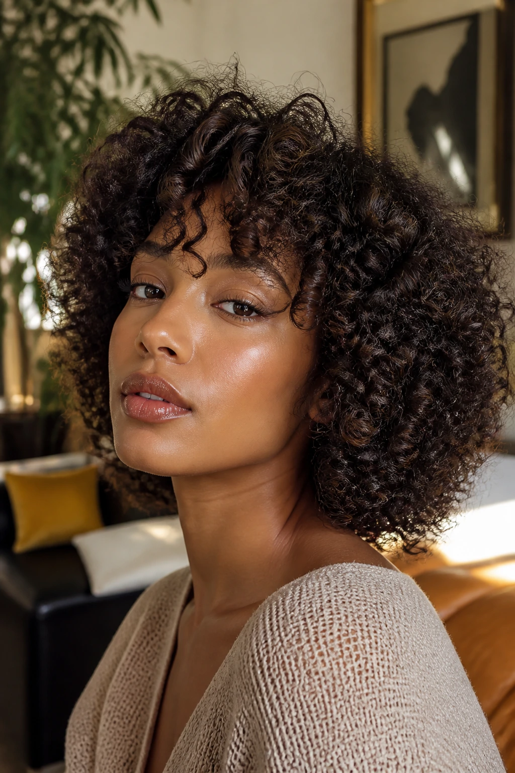 Close-up of curly bob with curly fringe on a real woman.
