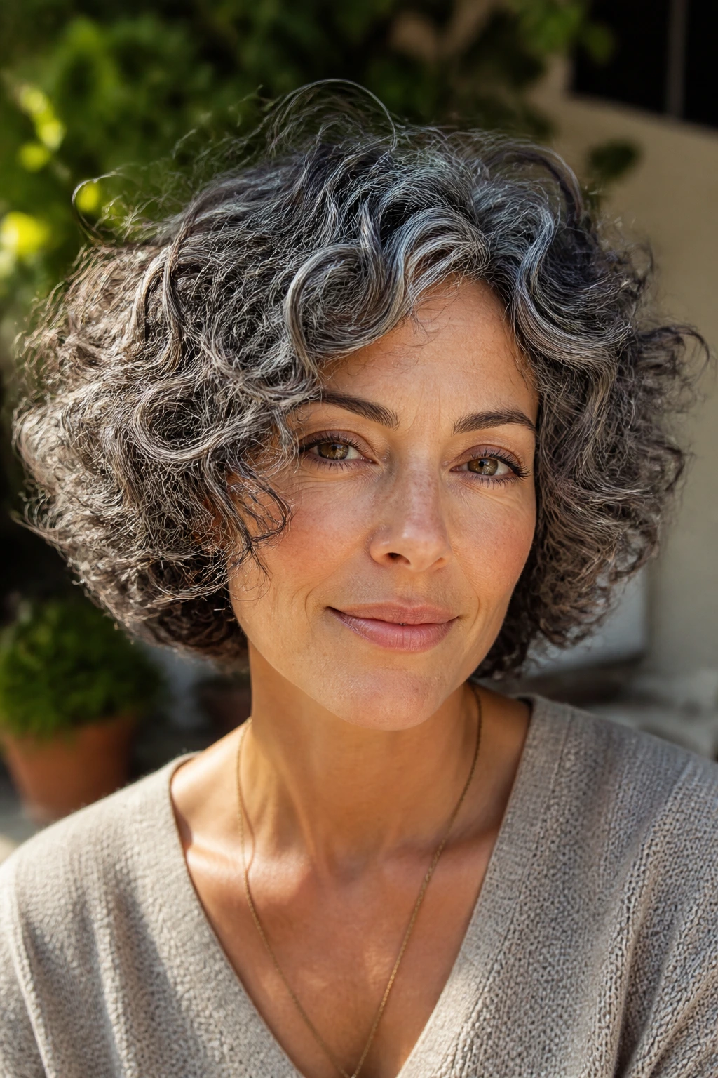 Close-up of a real woman with rounded curly bob and soft grey halo curls on dark brunette hair