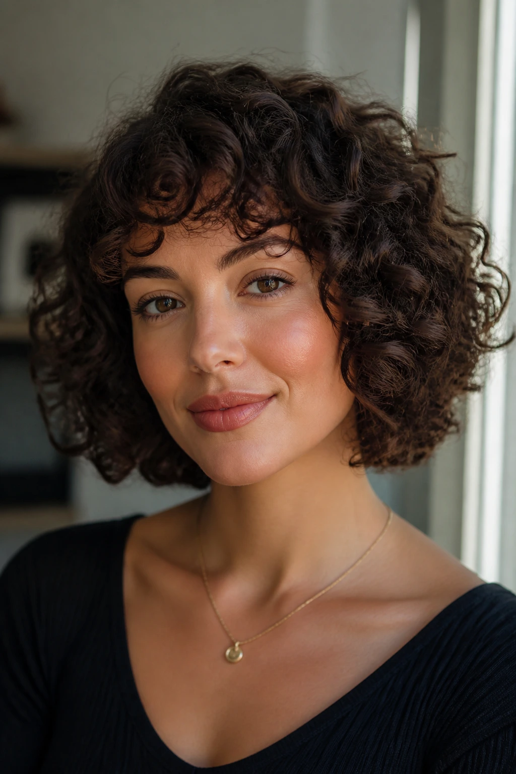 Close-up of a real woman with a curly bob on a heart-shaped face, showing curl pattern and density.