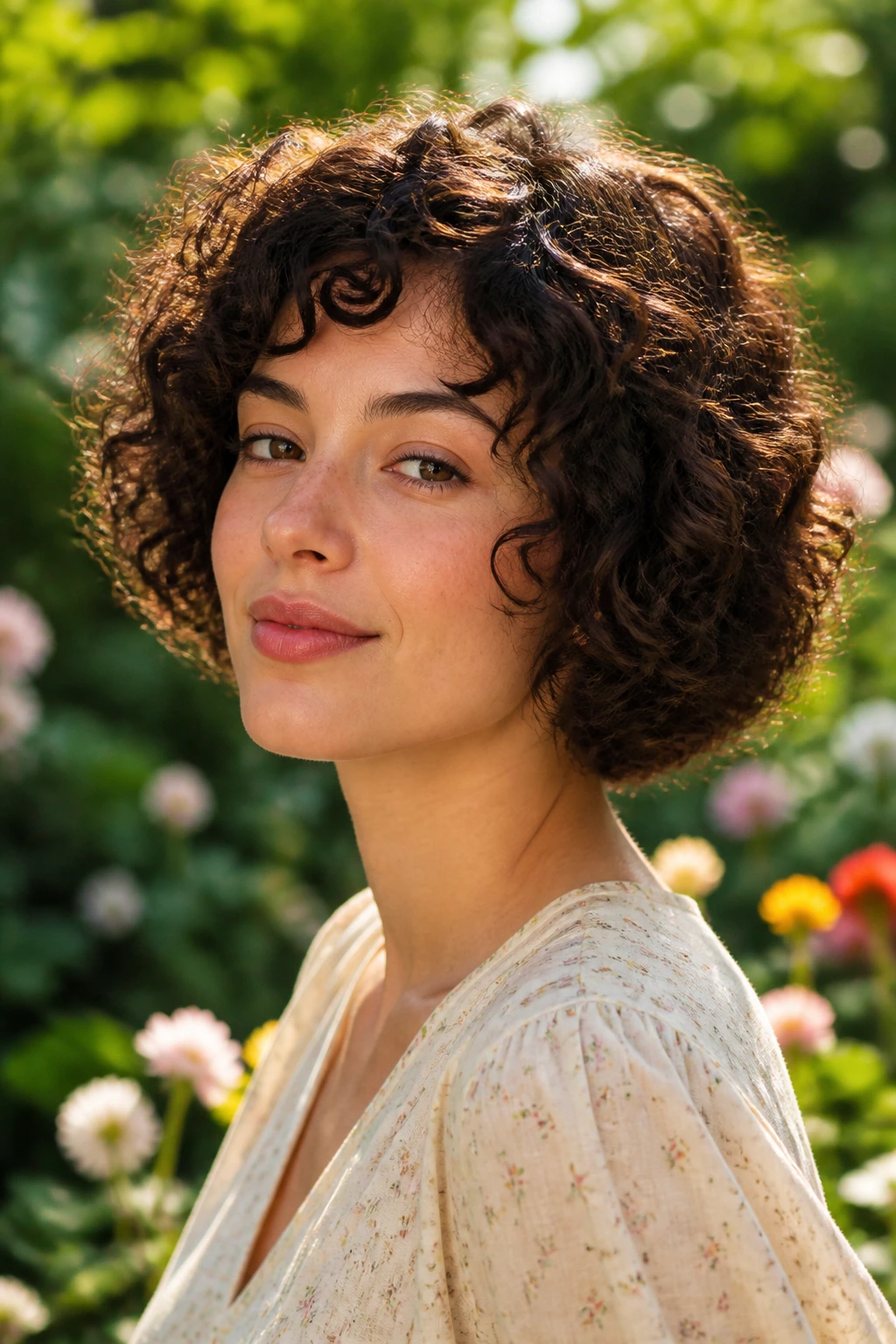 Close-up portrait of a woman with a curly bob and a controlled halo in a sunny garden