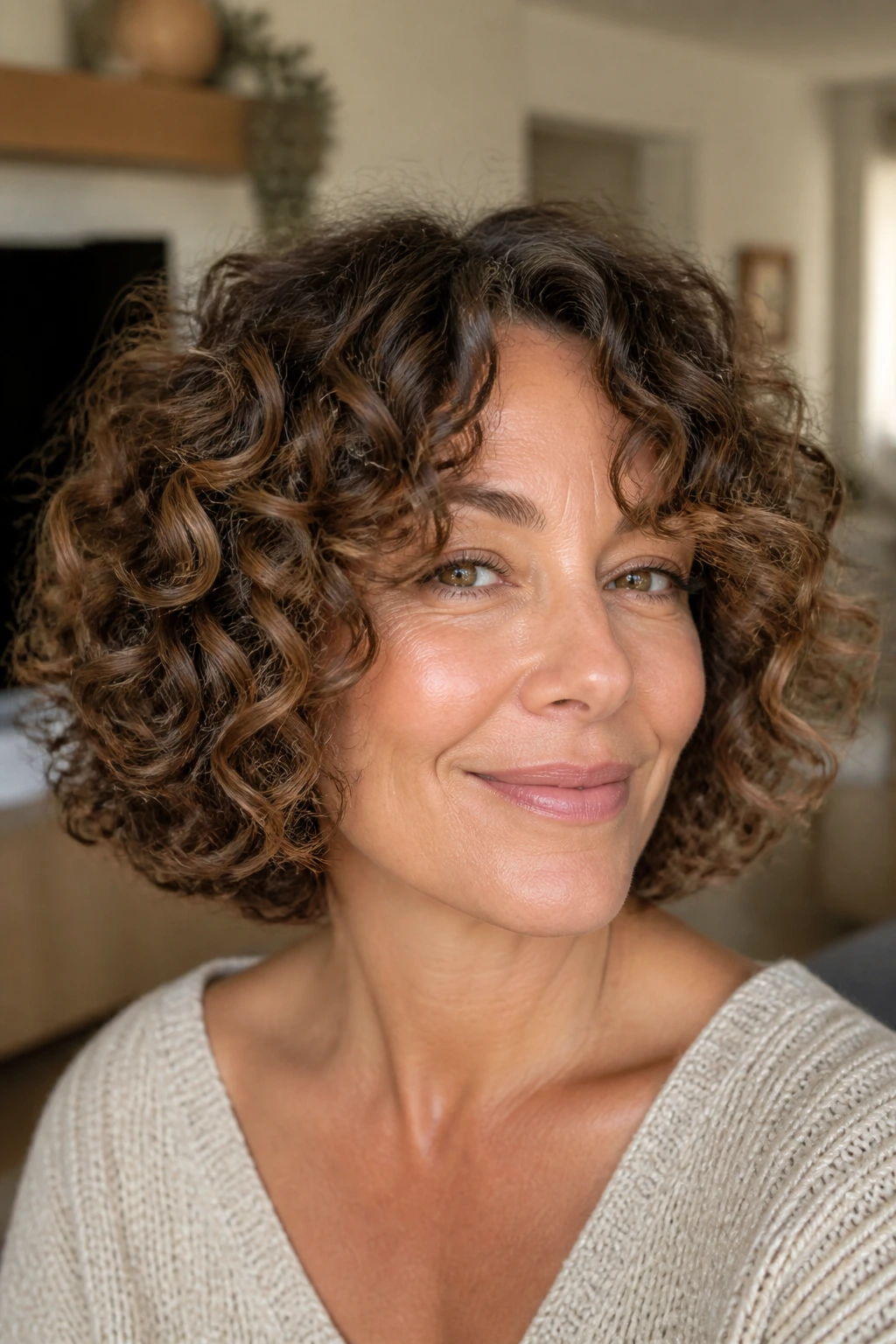 Real woman with curly bob halo framing close-up portrait