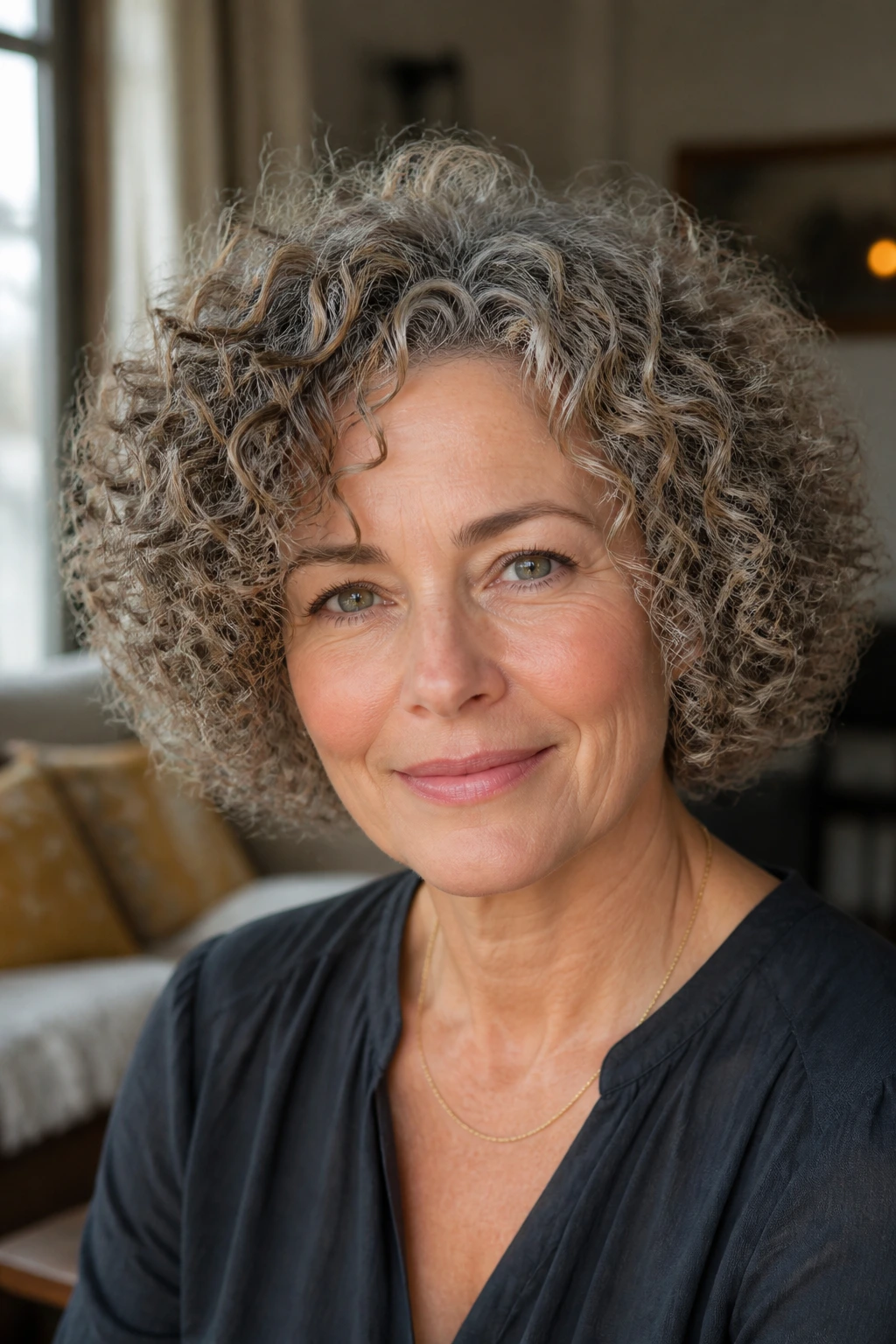 Real woman with a curly bob and soft halo shape.