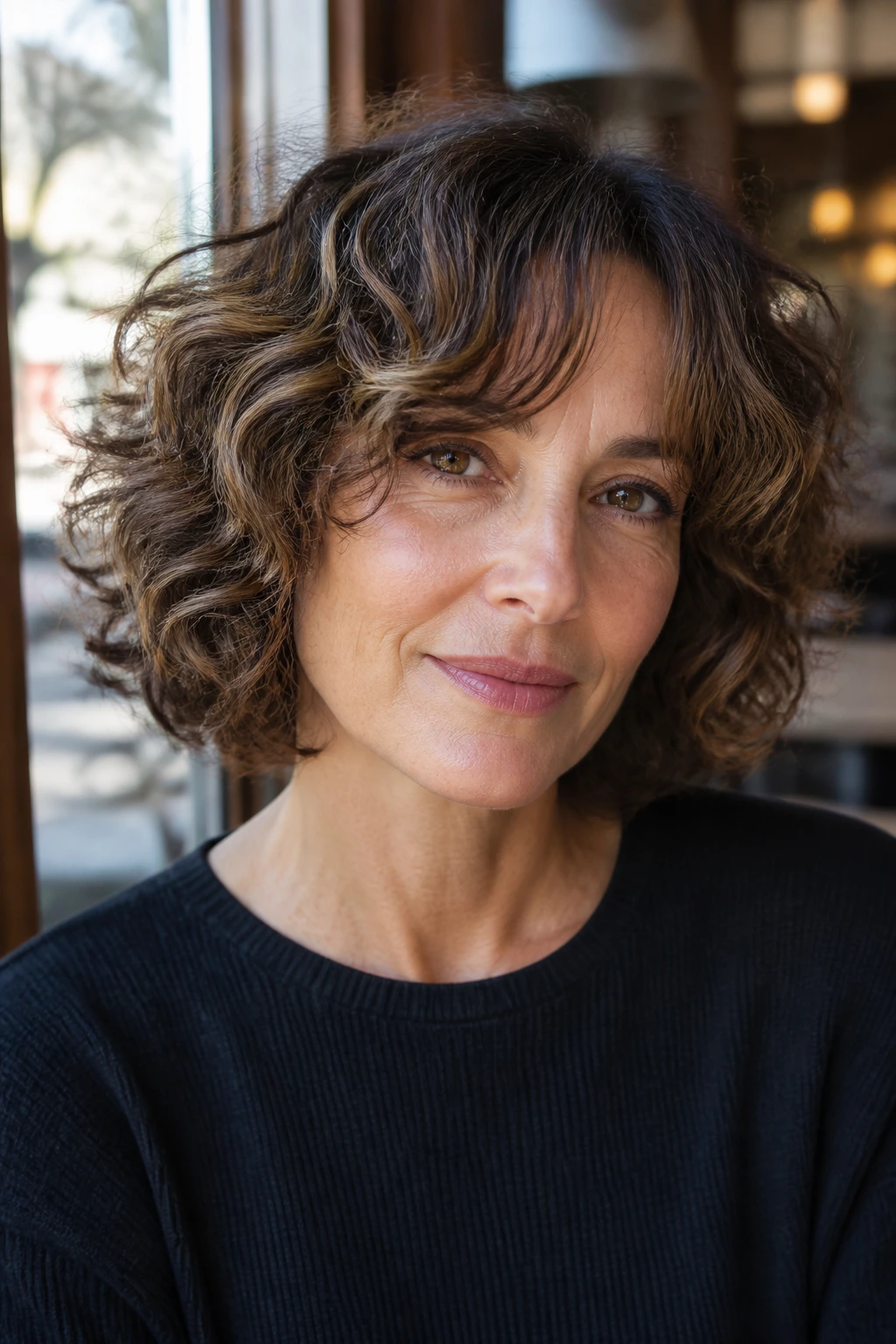 Real woman with curly bob curtain bangs hazelnut highlights in cafe daylight